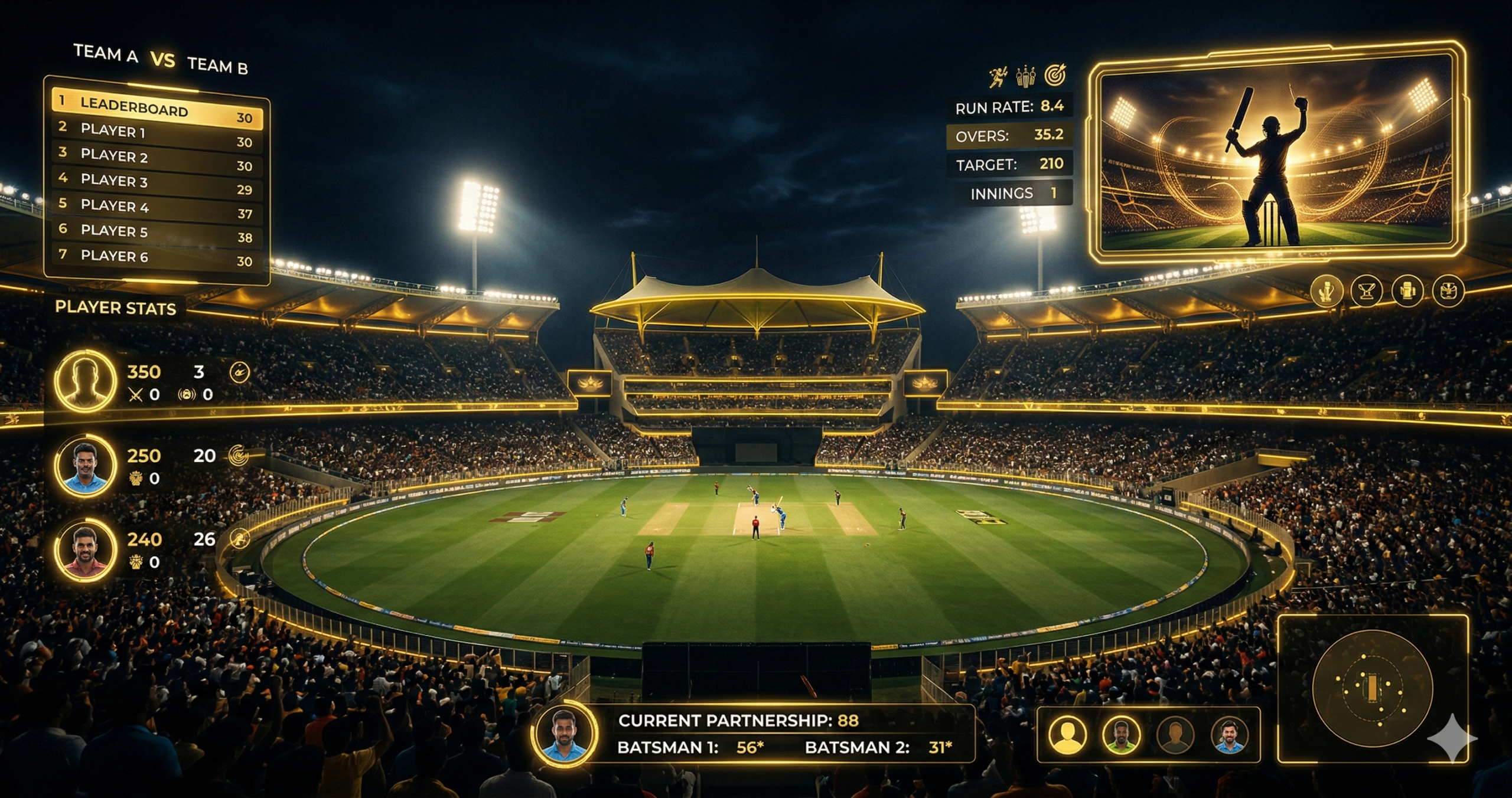 Indian cricket stadium at night with digital gaming overlay