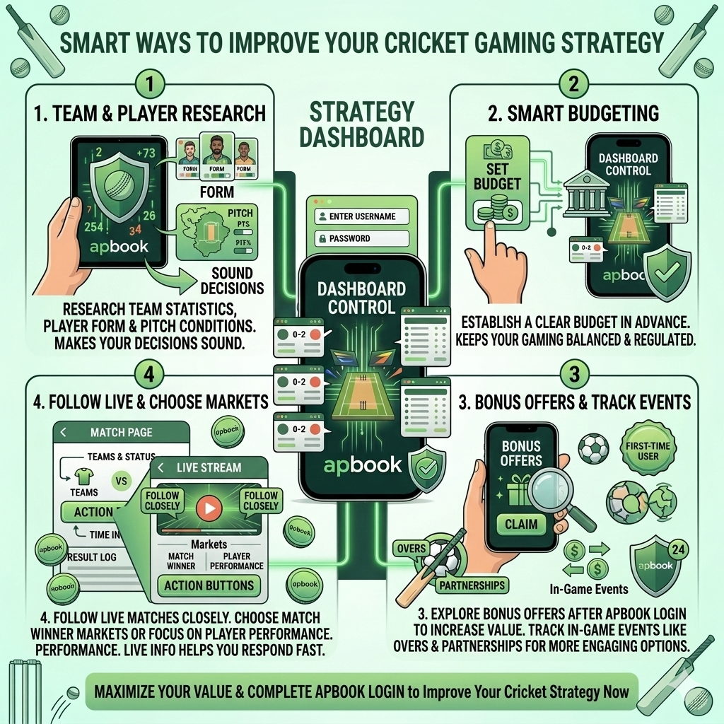 Cricket gaming strategy tips on Apbook including team research, budget planning, live match tracking, and player performance analysis.