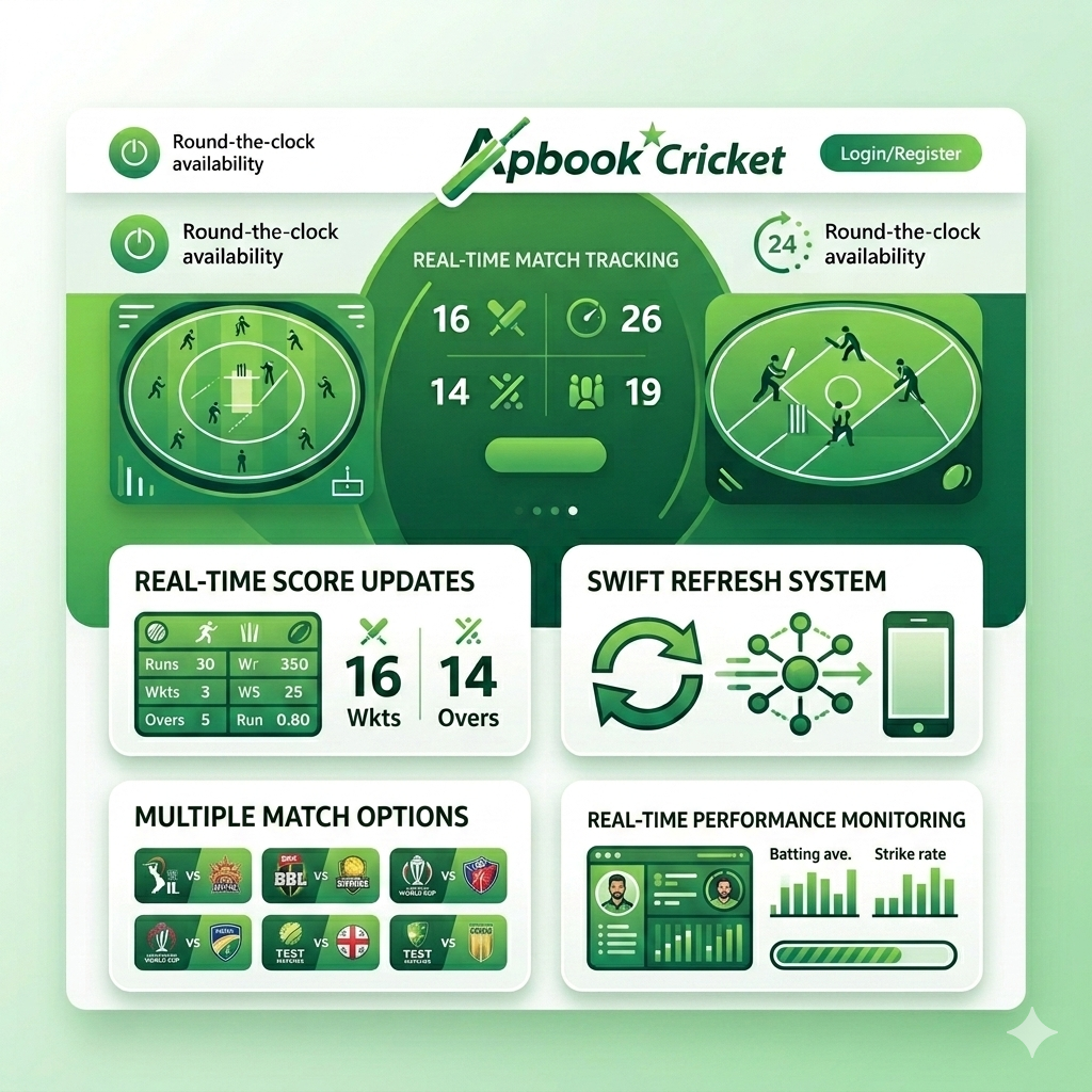 Apbook cricket section with real-time score updates, match tracking dashboard, and multiple cricket match options for online cricket fans.