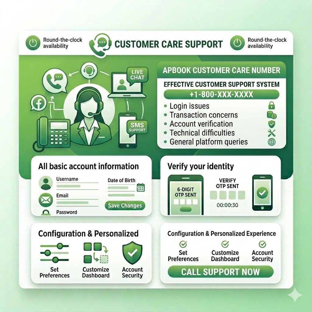 Apbook customer care support system for login issues, account verification, transaction help, and technical assistance.