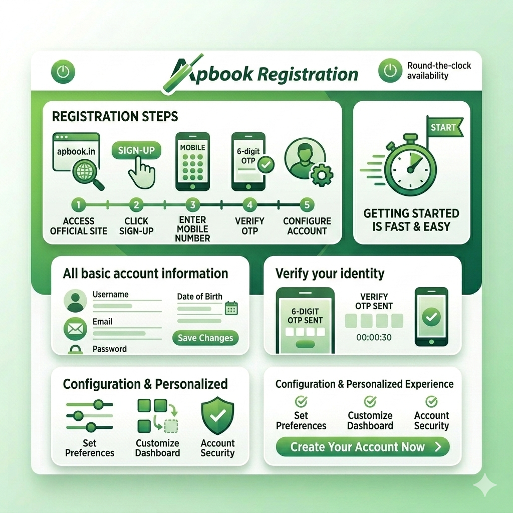 Simple registration process on Apbook in with mobile number verification, OTP confirmation, and quick user account setup.