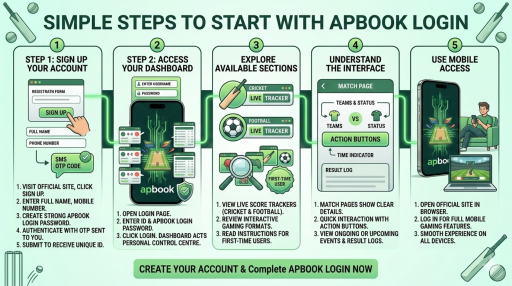 Apbook login step-by-step guide showing account registration, OTP verification, dashboard access, and live sports features.