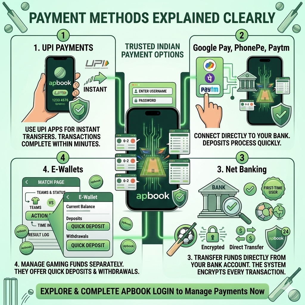Apbook payment methods including UPI, Google Pay, PhonePe, Paytm, net banking, and e-wallet options for secure and fast transactions.