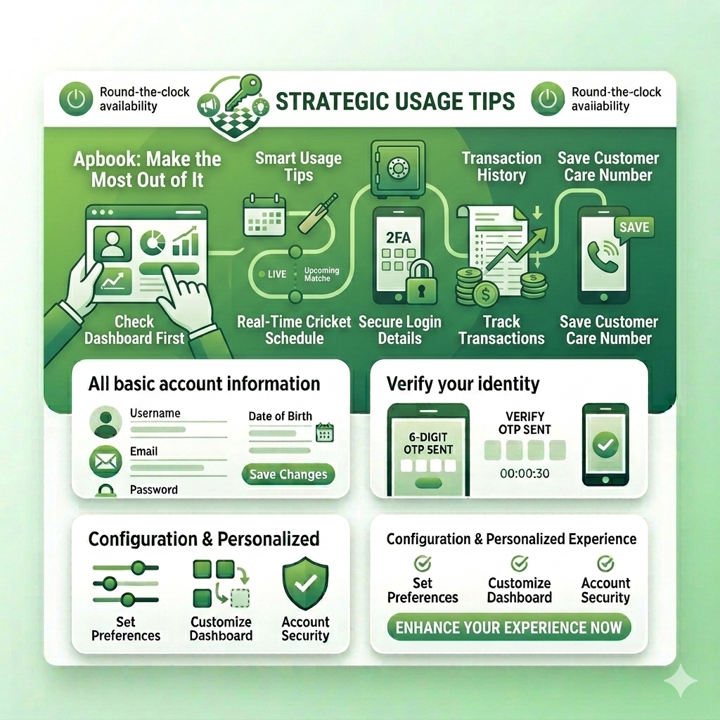 Apbook smart usage guide showing dashboard access, real-time cricket schedule tracking, secure login management, and transaction history monitoring.