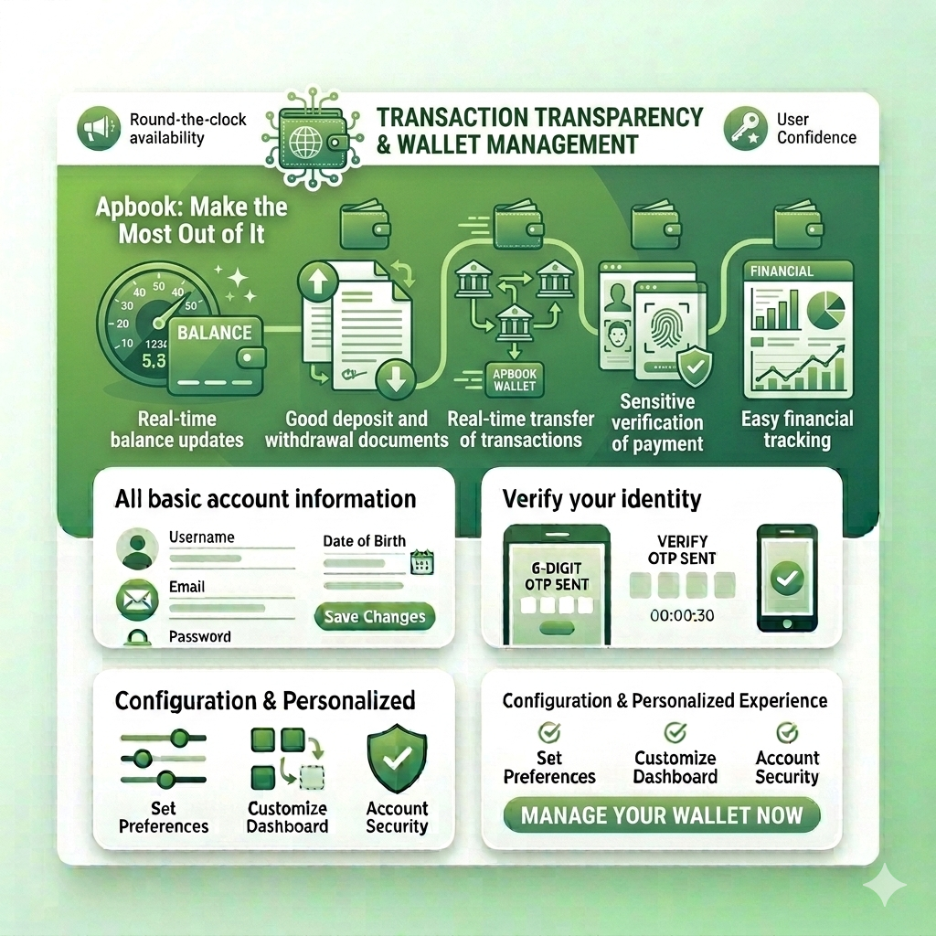 Apbook wallet management system with real-time balance updates, secure deposits and withdrawals, transaction transfers, and financial tracking.