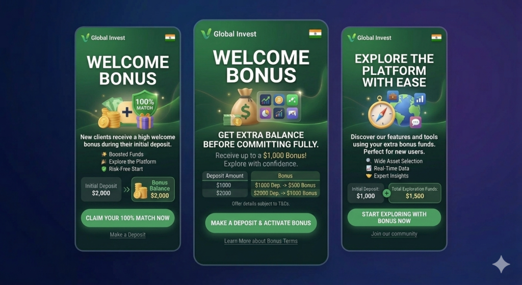 High welcome bonus for new clients on their first deposit with extra balance to explore the platform