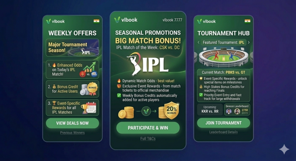 Weekly and seasonal promotions on VLBook 7777 with special IPL tournament bonuses and enhanced rewards