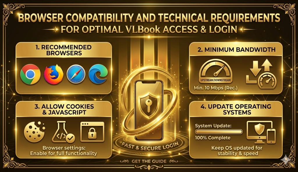 VLBook login browser compatibility guide showing supported browsers internet requirements and device settings for smooth access