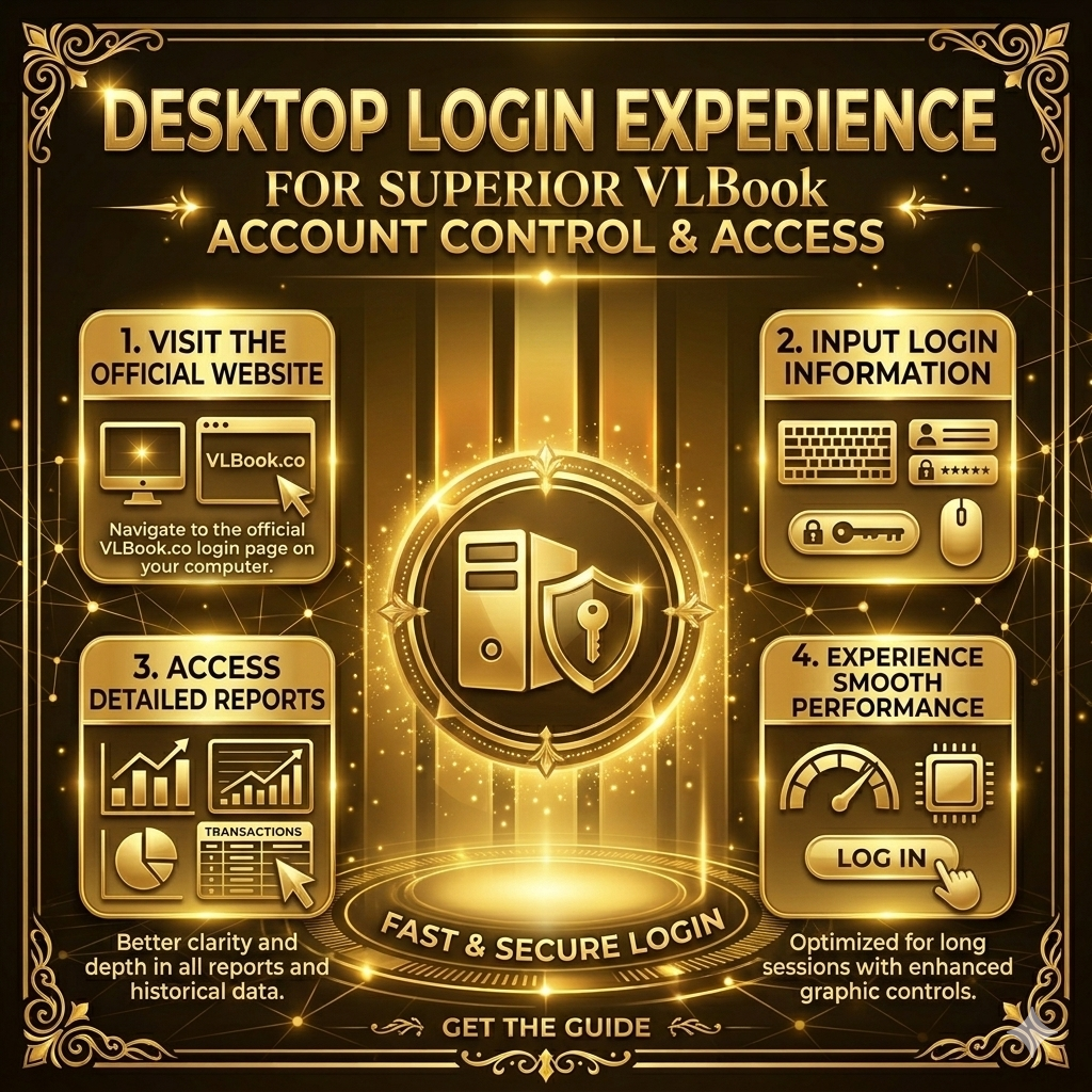 VLBook desktop login experience showing full dashboard access and account management on a computer