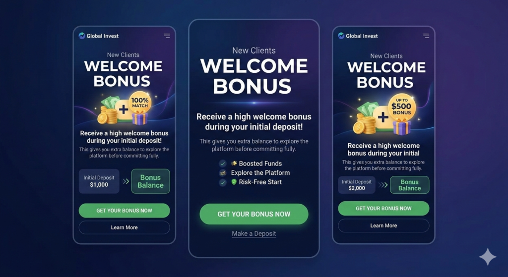 New client welcome bonus offer with extra balance on first deposit to explore the platform
